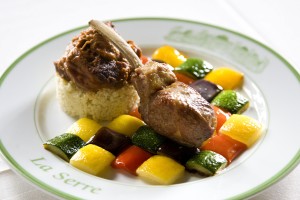Rack and shoulder of lamb with a mosaic of ratatouille and lamb and cous cous, no less! 